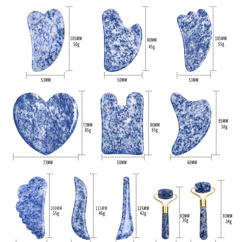 Gua sha en pierre de Jade naturelle à points bleus et blancs